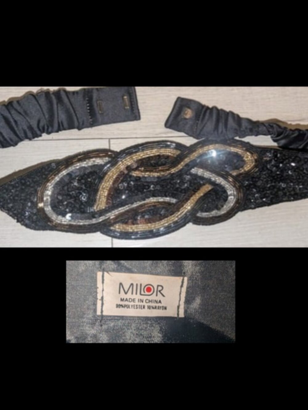 Vtg 80s Milor Black & Gold Sequin Wide Evening Adjustable Cummerbund Belt Womens